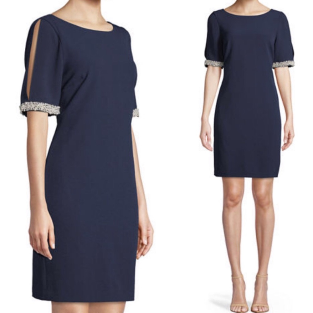 Karl Lagerfeld Paris pearl sleeve navy dress NWT